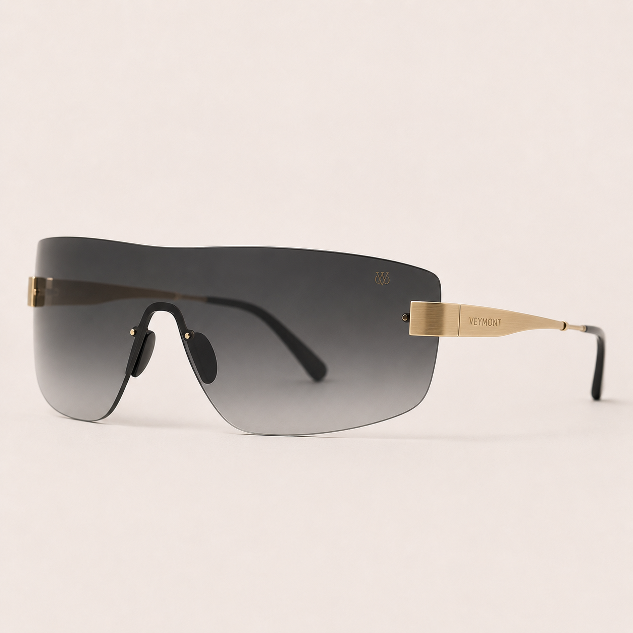 VEYMONT Meridian rimless shield sunglasses with brushed gold temples and graduated smoke lens