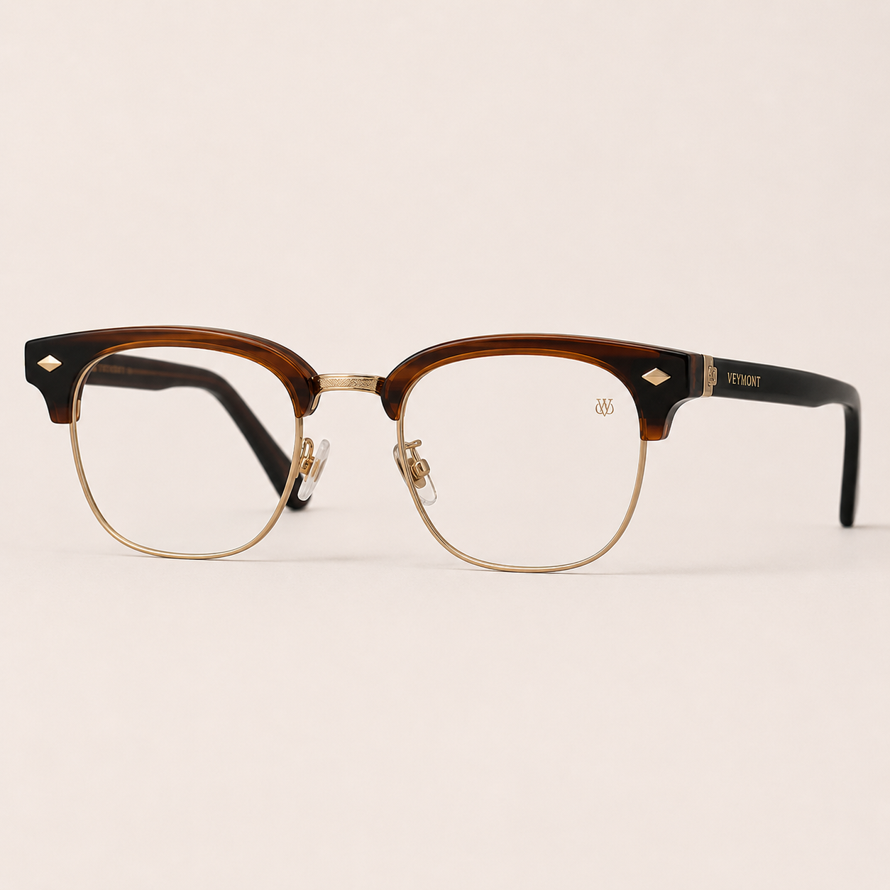 VEYMONT Kingsley browline optical frames in amber havana acetate with gold wire rim